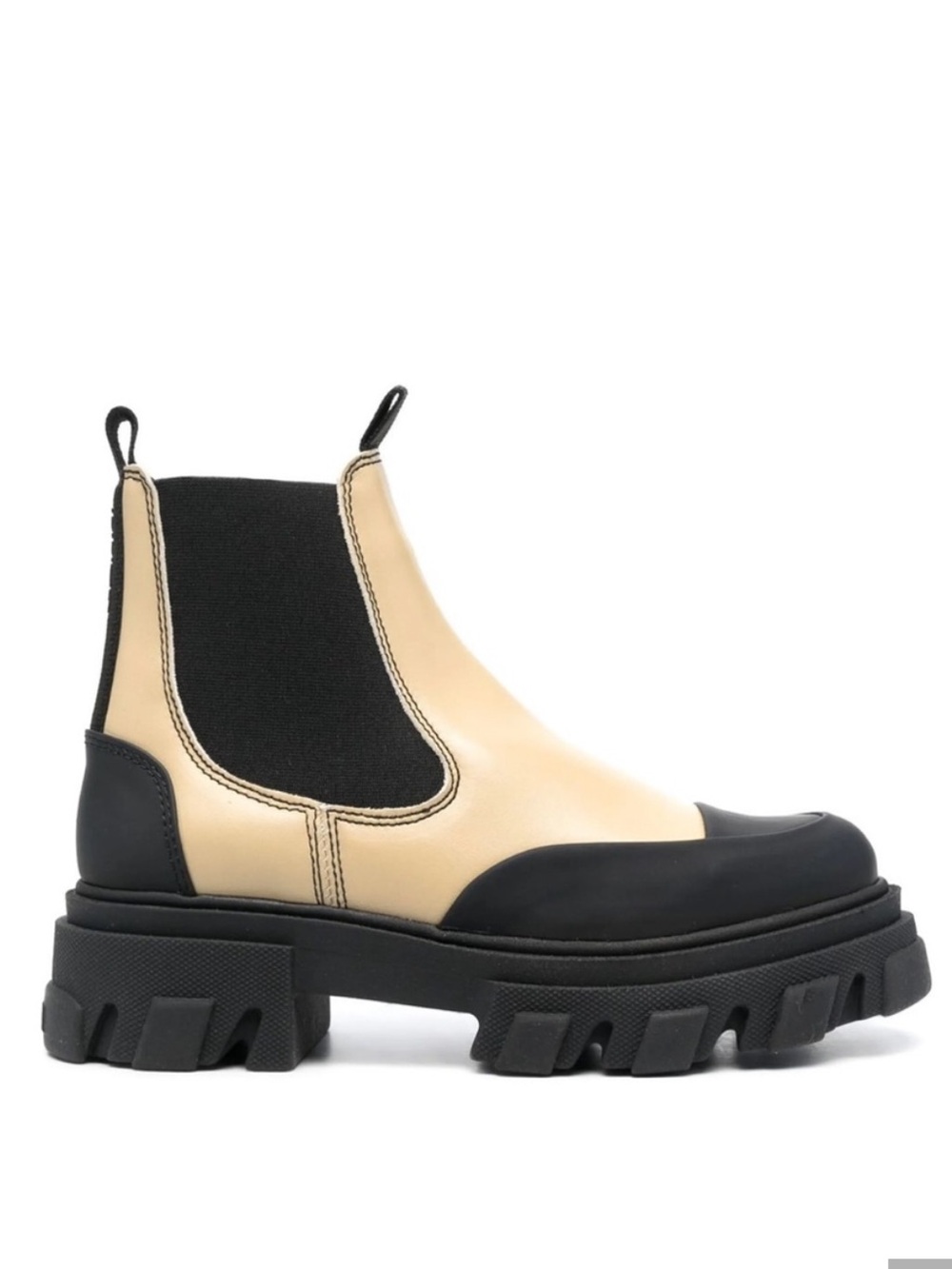 Ganni Beige Leather Chelsea Boot with Black Accents